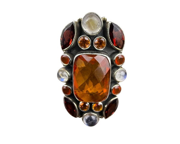 Red Garnet Amber Moonstone Silver Statement Ring India Handmade Boho Style Sz 6