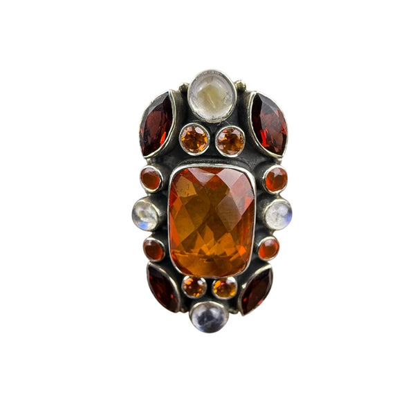 Red Garnet Amber Moonstone Silver Statement Ring India Handmade Boho Style Sz 6