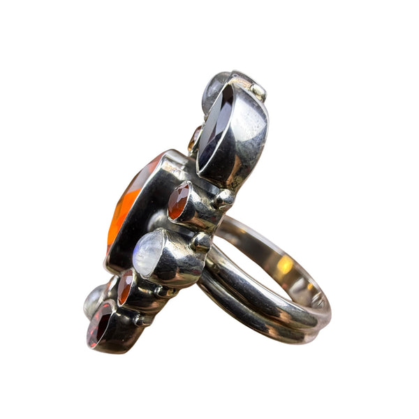 Red Garnet Amber Moonstone Silver Statement Ring India Handmade Boho Style Sz 6