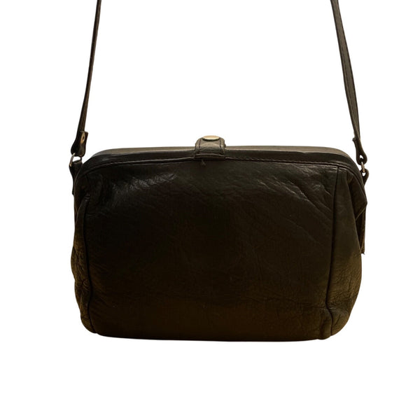 Vintage Black Leather Crossbody Bag With Snap Closure & Adjustable Strap Sz S