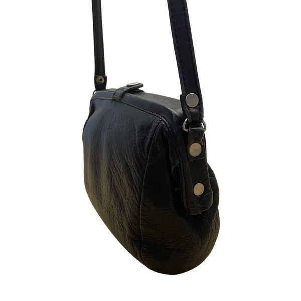 Vintage Black Leather Crossbody Bag With Snap Closure & Adjustable Strap Sz S