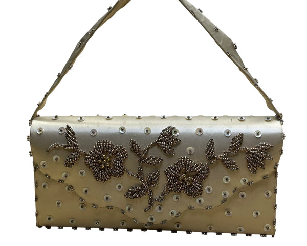 Vintage Handmade Women’s Gold Satin Beaded With Sequins & Handle Evening Purse