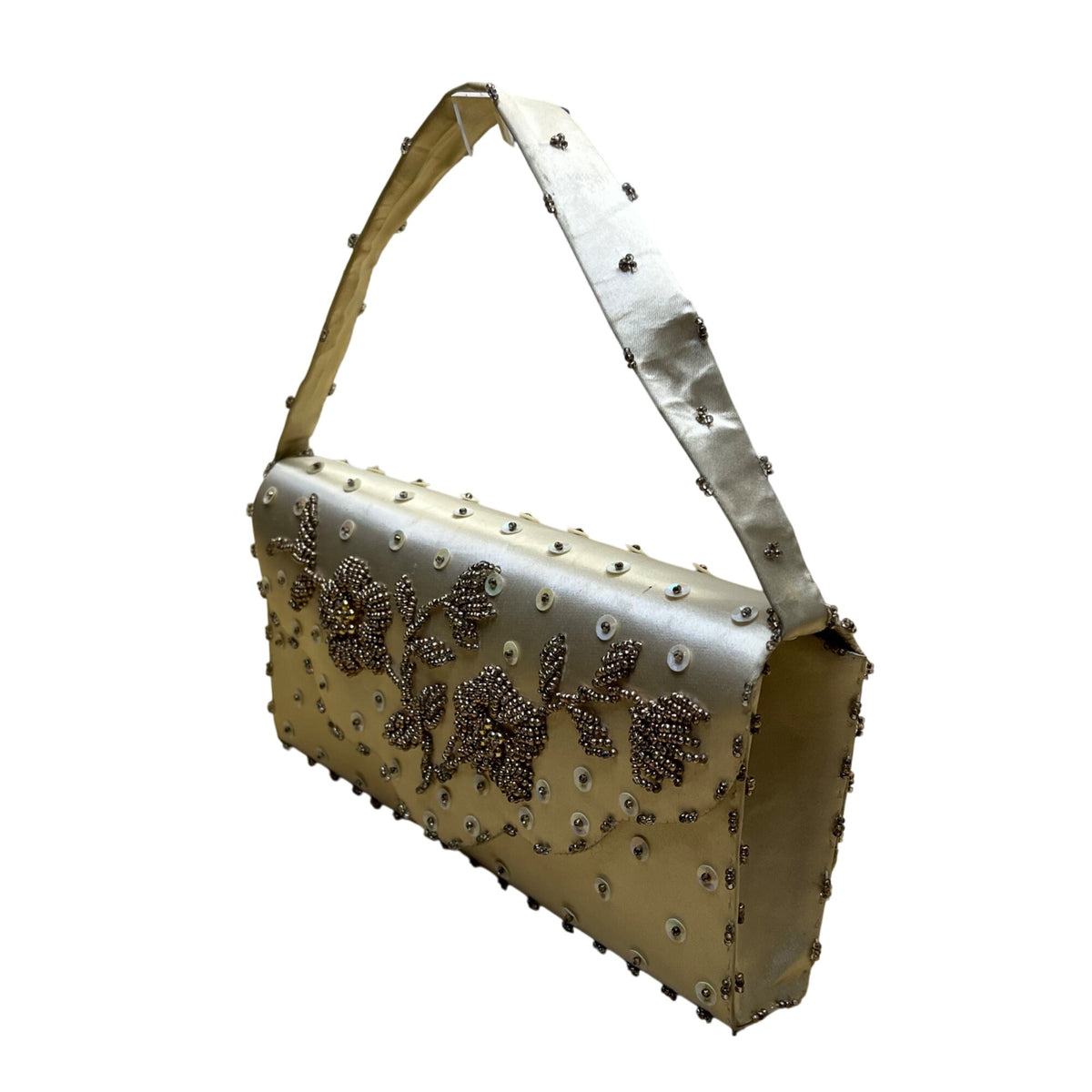 Vintage Handmade Women’s Gold Satin Beaded With Sequins & Handle Evening Purse