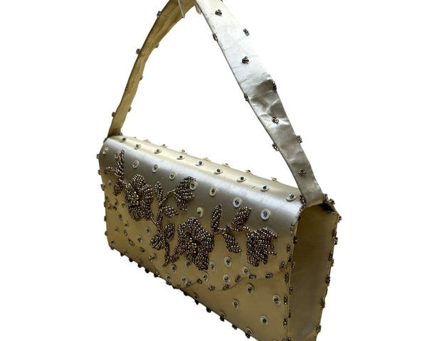 Vintage Handmade Women’s Gold Satin Beaded With Sequins & Handle Evening Purse