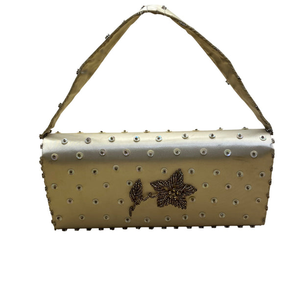 Vintage Handmade Women’s Gold Satin Beaded With Sequins & Handle Evening Purse