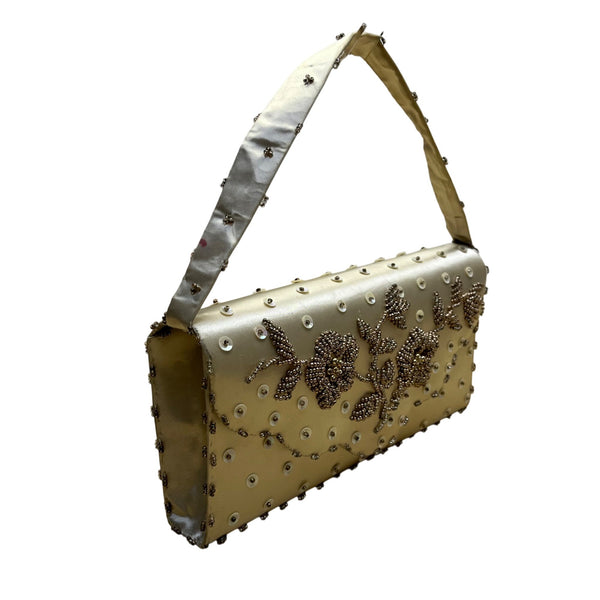 Vintage Handmade Women’s Gold Satin Beaded With Sequins & Handle Evening Purse