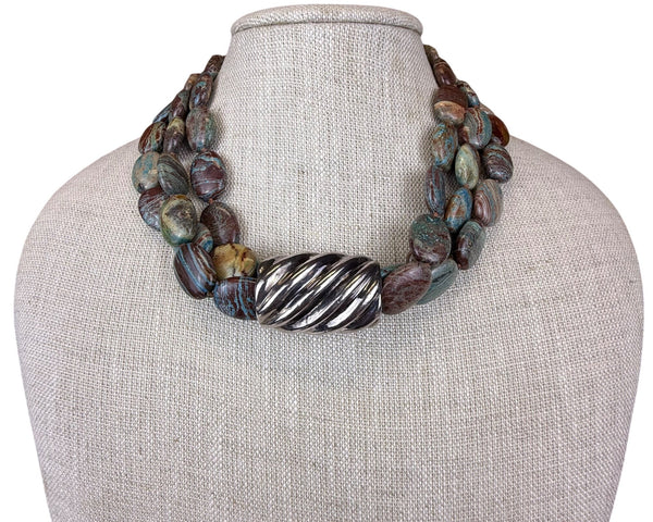 Elegant Vintage Multi-Strand Beaded Necklace With Silver Tone Clasp Statement Piece