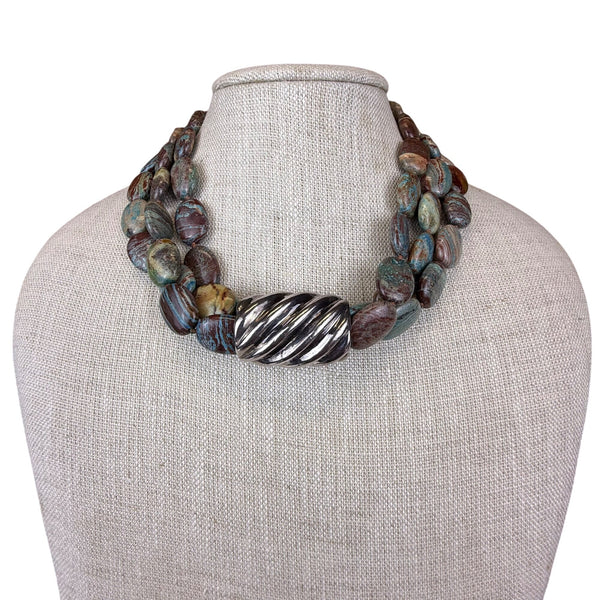 Elegant Vintage Multi-Strand Beaded Necklace With Silver Tone Clasp Statement Piece
