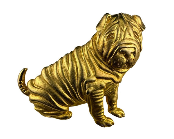 Gold Tone Dog Brooch Pin Shar-Pei Wrinkled Design Vintage Animal Jewelry