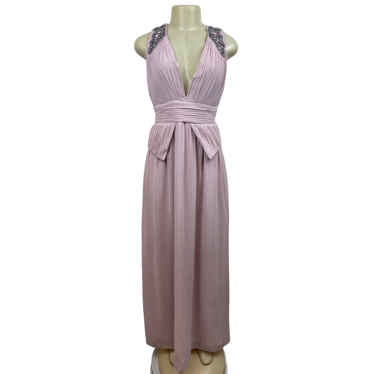 Pink Sleeveless Floor-Length Gown With Beaded Shoulder Details & Pleated Waist