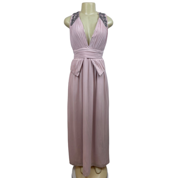 Pink Sleeveless Floor-Length Gown With Beaded Shoulder Details & Pleated Waist