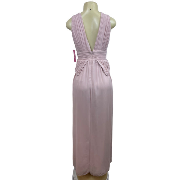 Pink Sleeveless Floor-Length Gown With Beaded Shoulder Details & Pleated Waist