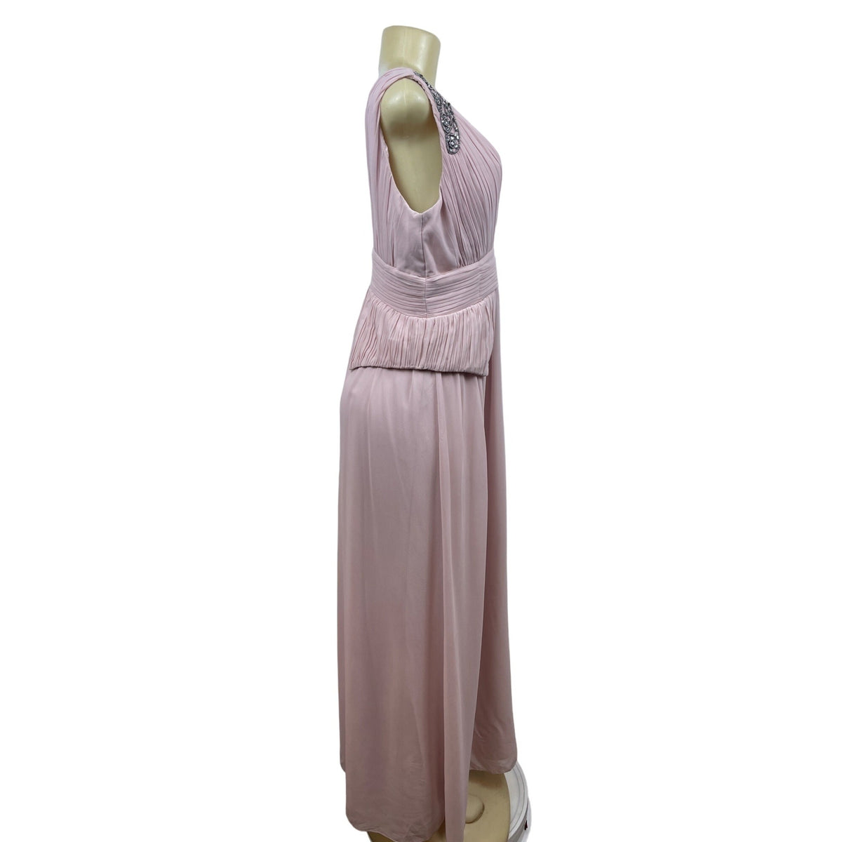 Pink Sleeveless Floor-Length Gown With Beaded Shoulder Details & Pleated Waist