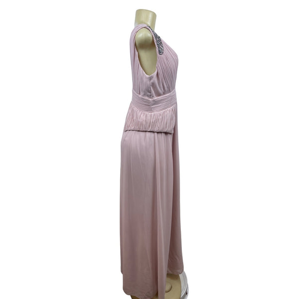 Pink Sleeveless Floor-Length Gown With Beaded Shoulder Details & Pleated Waist