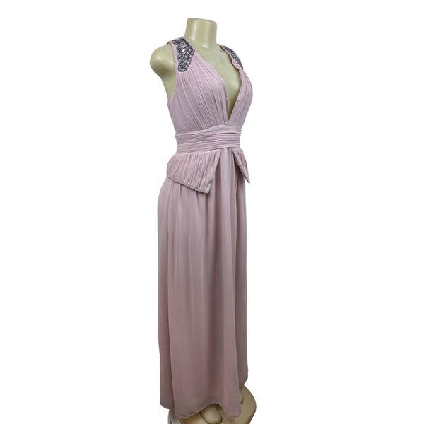 Pink Sleeveless Floor-Length Gown With Beaded Shoulder Details & Pleated Waist
