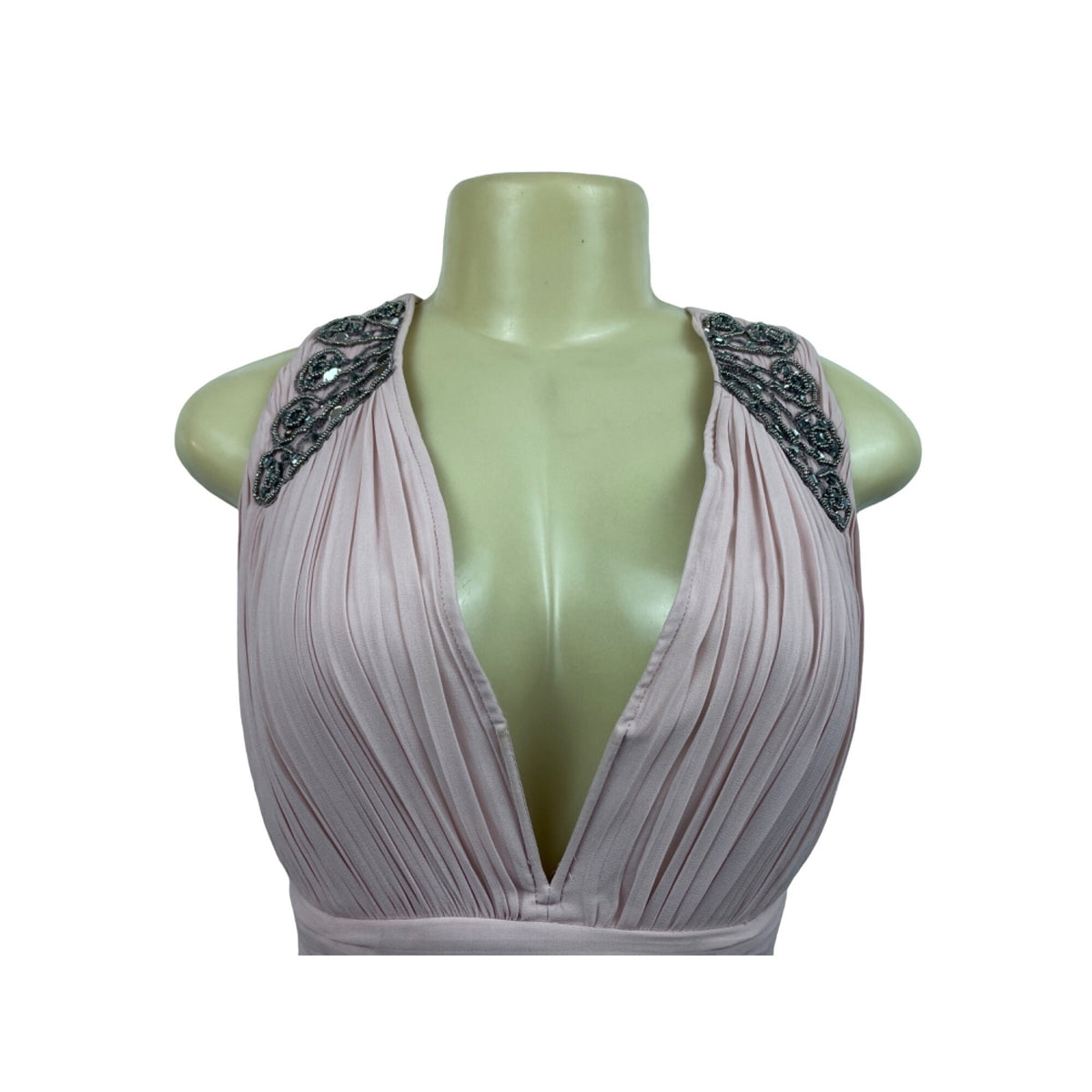 Pink Sleeveless Floor-Length Gown With Beaded Shoulder Details & Pleated Waist