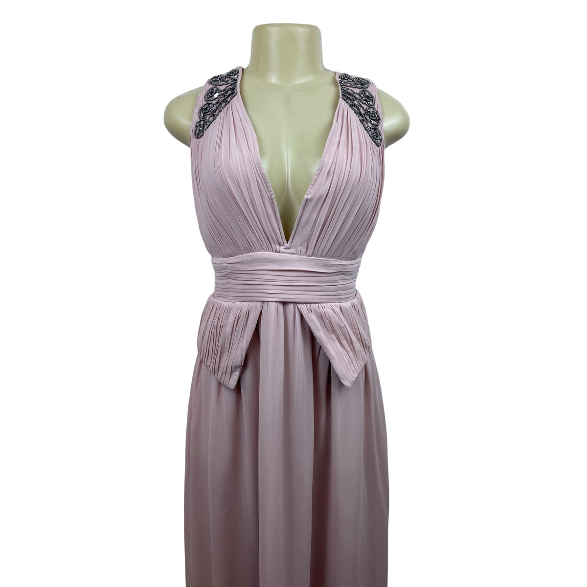 Pink Sleeveless Floor-Length Gown With Beaded Shoulder Details & Pleated Waist