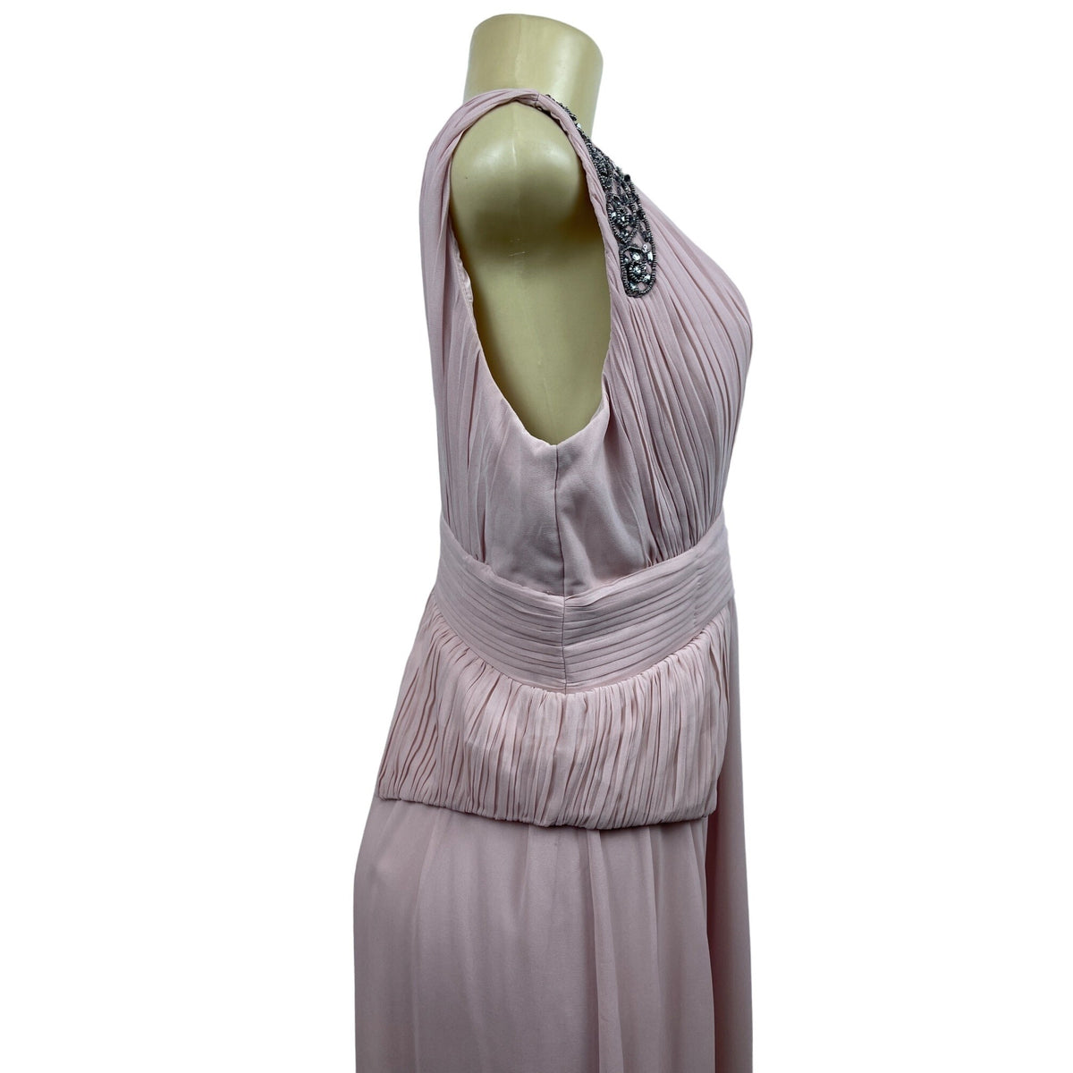 Pink Sleeveless Floor-Length Gown With Beaded Shoulder Details & Pleated Waist