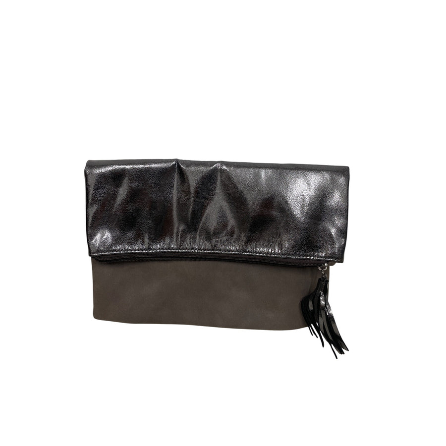 Lord & Taylor Womens Black & Grey Faux Leather & Suede Foldover Clutch Bag With Tassel