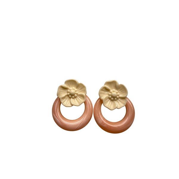 Vintage Pink Hoop Earrings With Cream Floral Design
