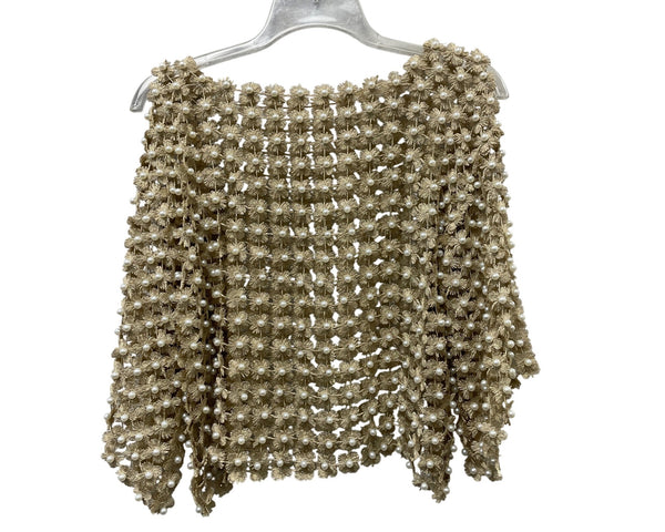 Handmade Womens Gold Beaded Floral Mesh Shawl Wrap With Pearls