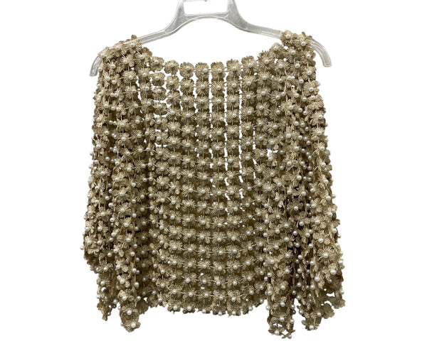 Handmade Womens Gold Beaded Floral Mesh Shawl Wrap With Pearls