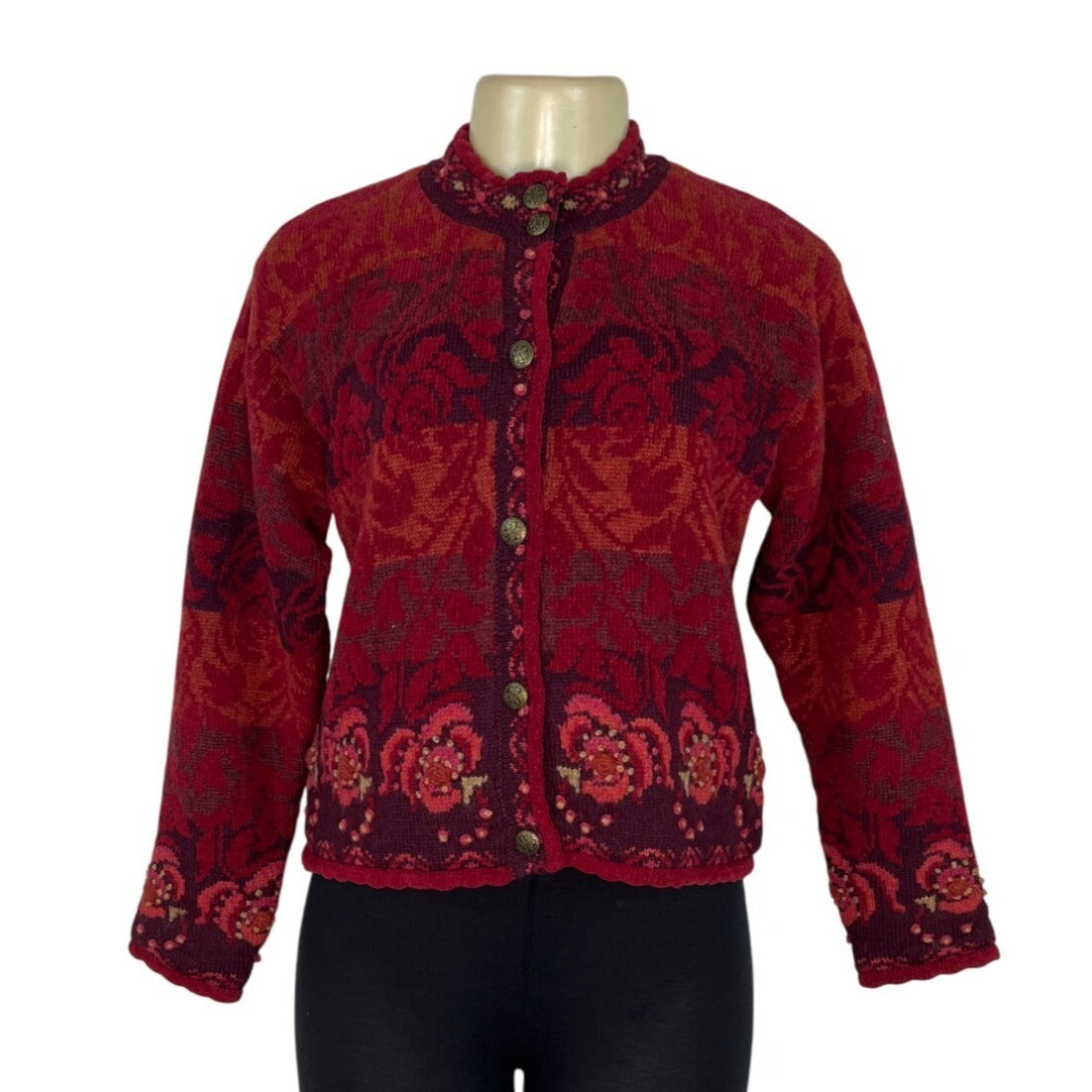 Icelandic Design Red Wool Blend Floral Cardigan Sweater Button Front Size PS