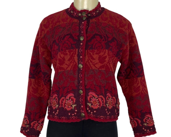 Icelandic Design Red Wool Blend Floral Cardigan Sweater Button Front Size PS