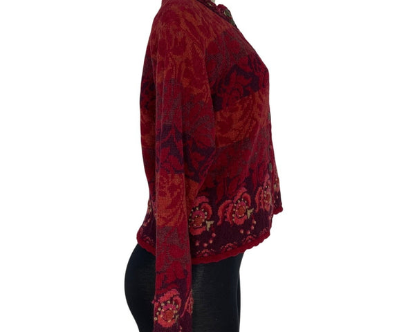 Icelandic Design Red Wool Blend Floral Cardigan Sweater Button Front Size PS