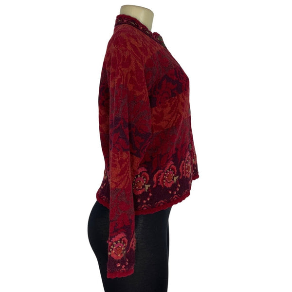 Icelandic Design Red Wool Blend Floral Cardigan Sweater Button Front Size PS