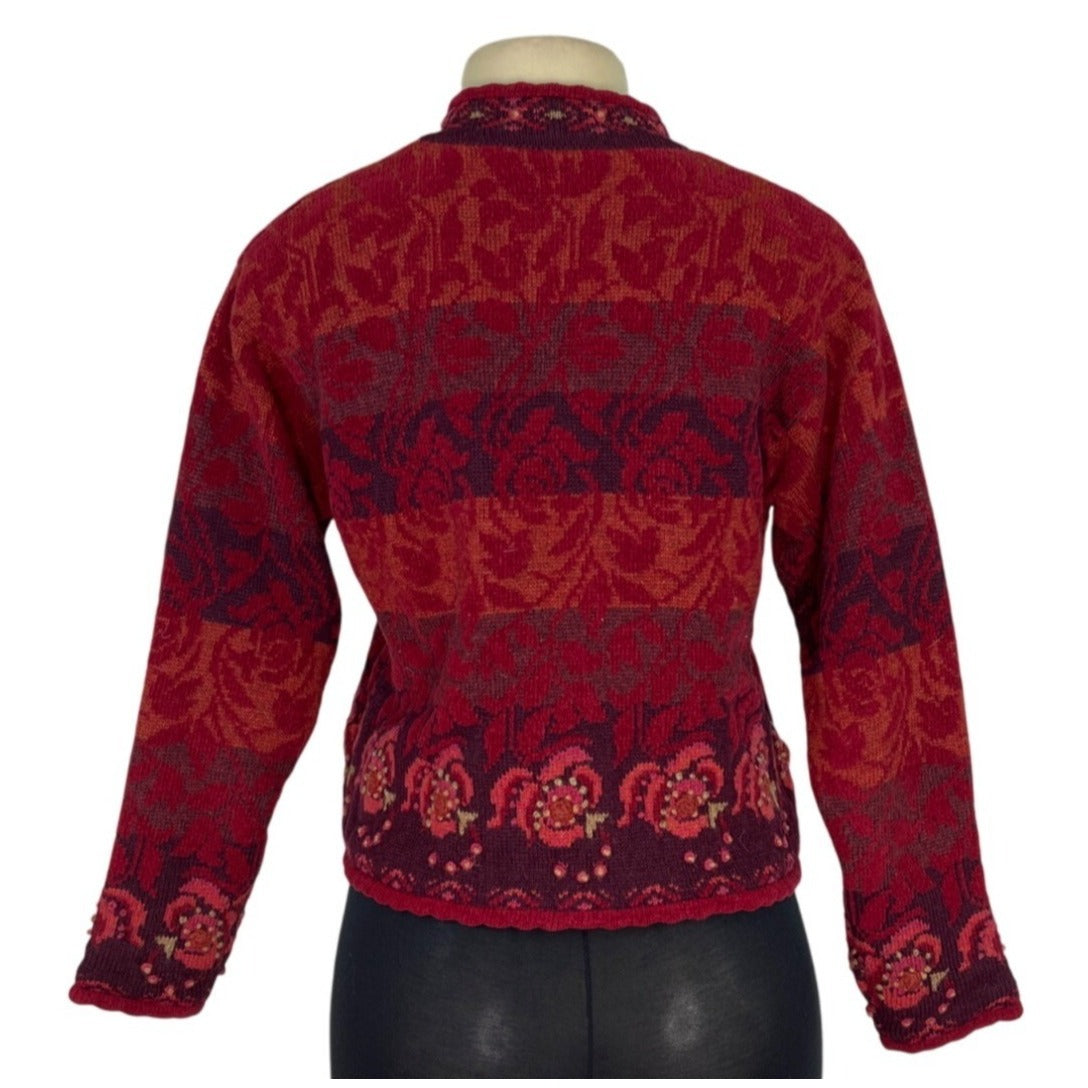 Icelandic Design Red Wool Blend Floral Cardigan Sweater Button Front Size PS