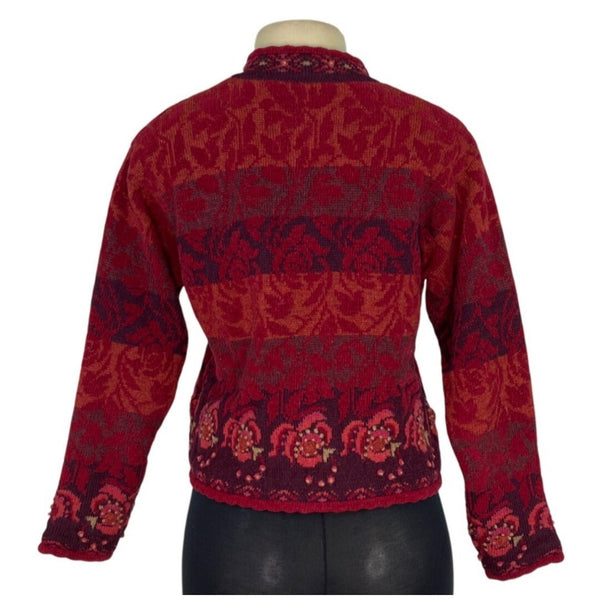 Icelandic Design Red Wool Blend Floral Cardigan Sweater Button Front Size PS
