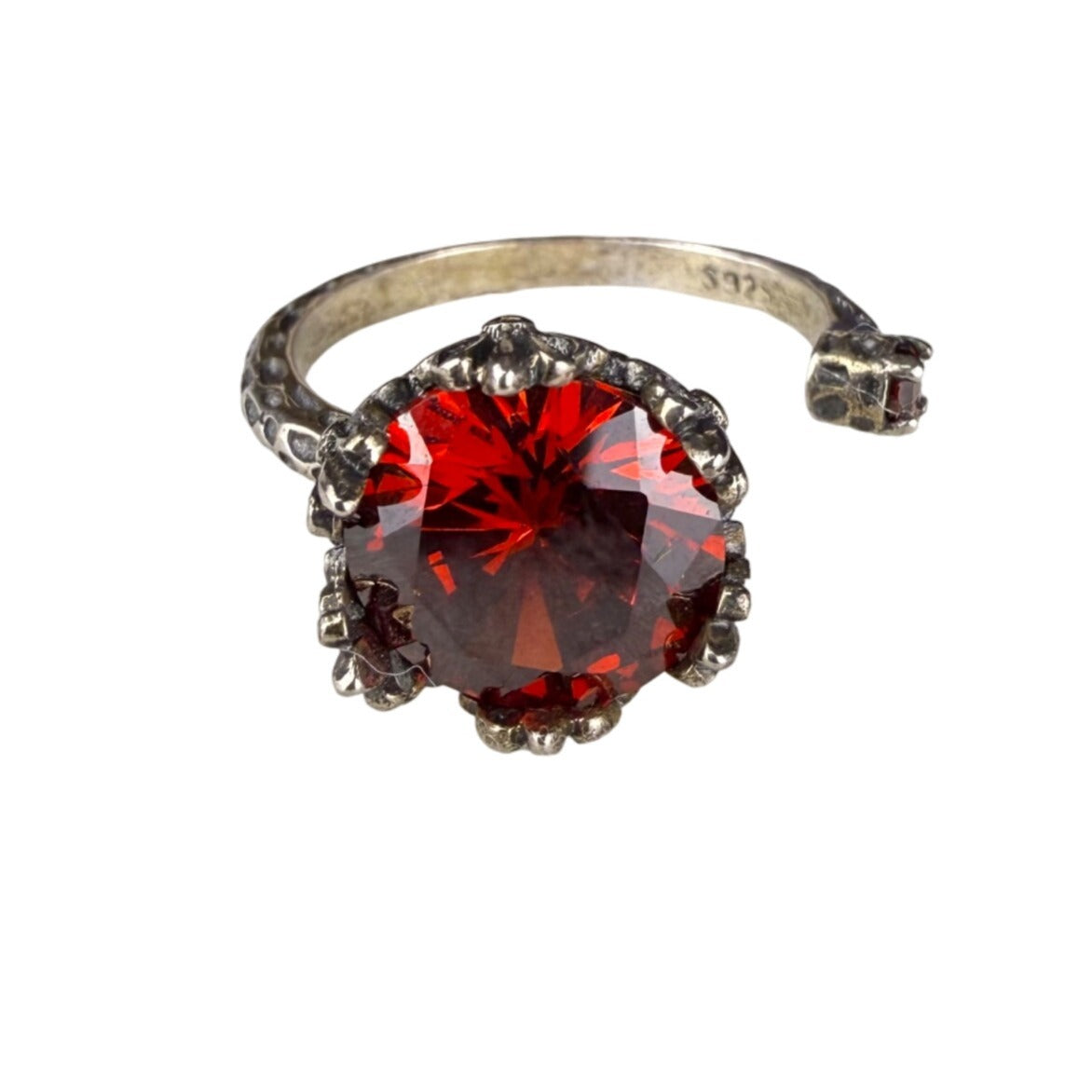 Sterling Silver Red Stone Adjustable Openwork Crown Ring Ornament Design Size 6