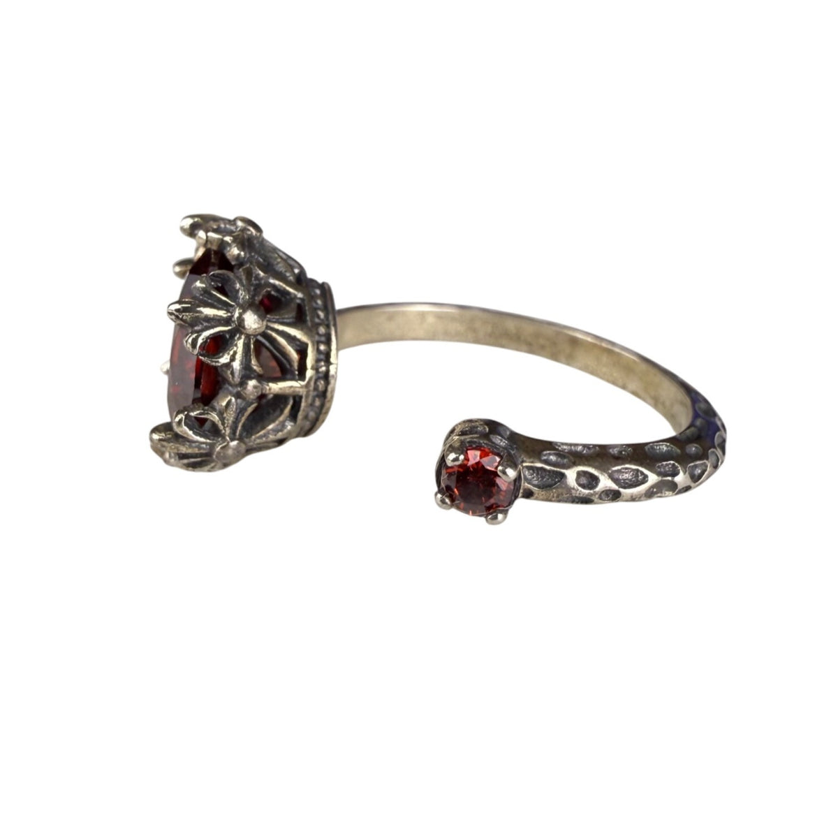 Sterling Silver Red Stone Adjustable Openwork Crown Ring Ornament Design Size 6