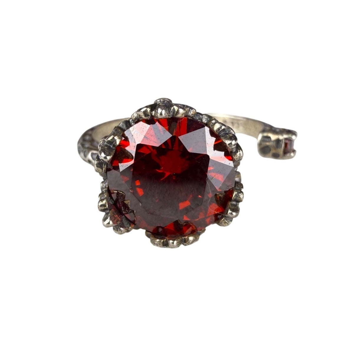 Sterling Silver Red Stone Adjustable Openwork Crown Ring Ornament Design Size 6