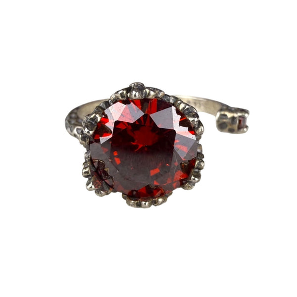 Sterling Silver Red Stone Adjustable Openwork Crown Ring Ornament Design Size 6