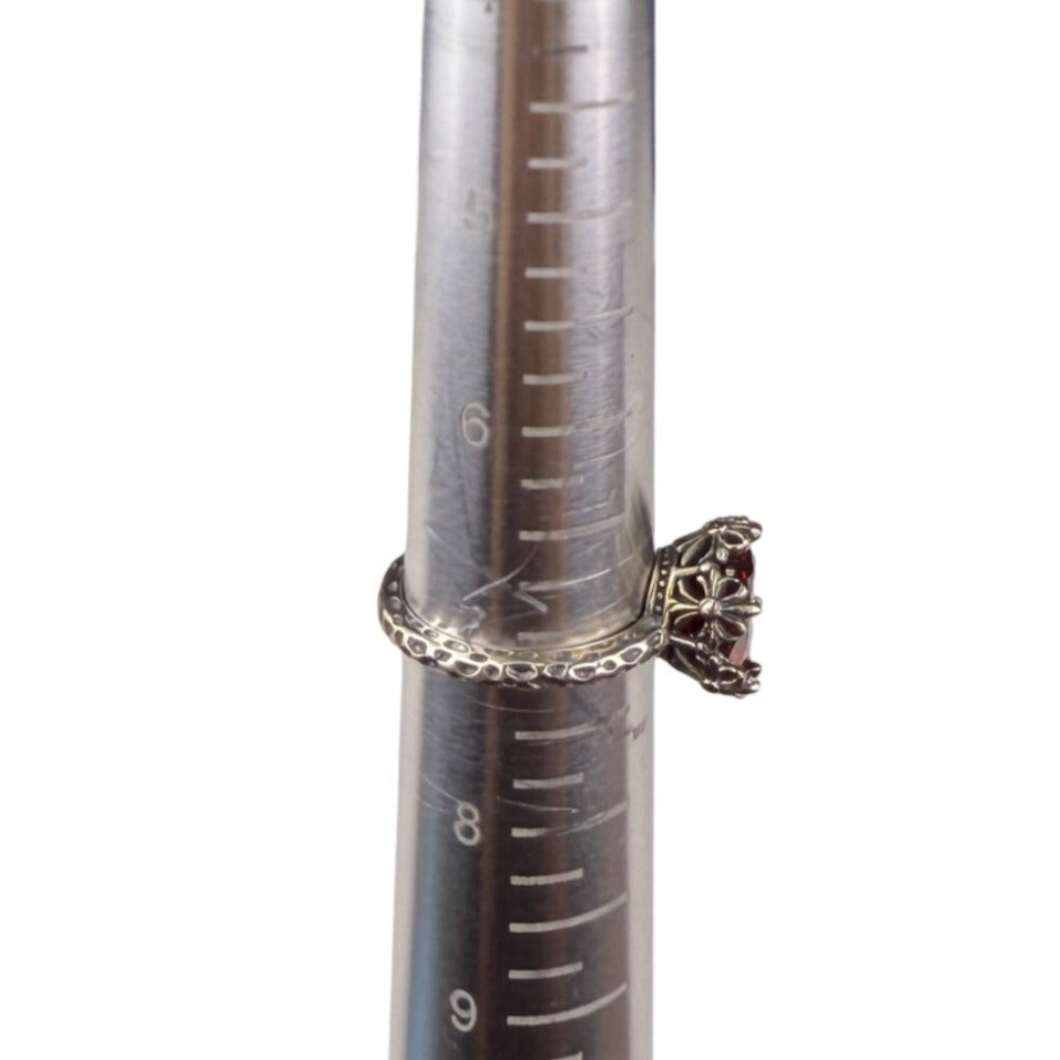 Sterling Silver Red Stone Adjustable Openwork Crown Ring Ornament Design Size 6