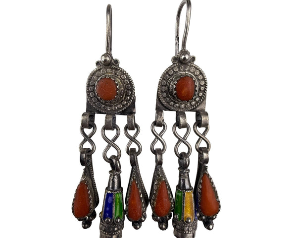 Vintage Kabyle Tribal Silver Dangle Earrings Orange Glass & Enamel