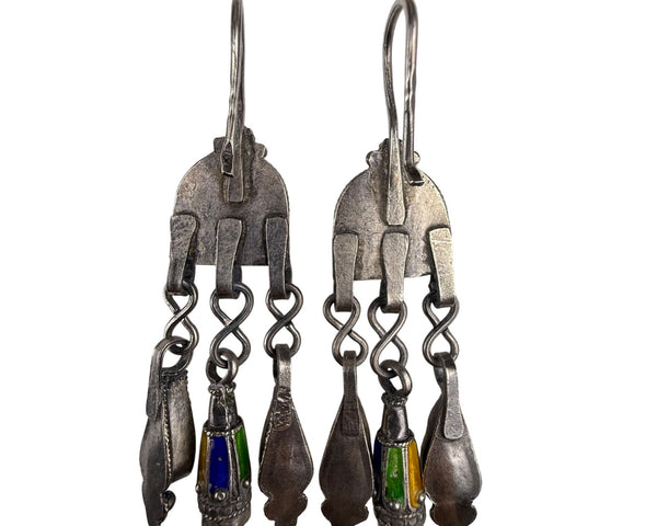 Vintage Kabyle Tribal Silver Dangle Earrings Orange Glass & Enamel