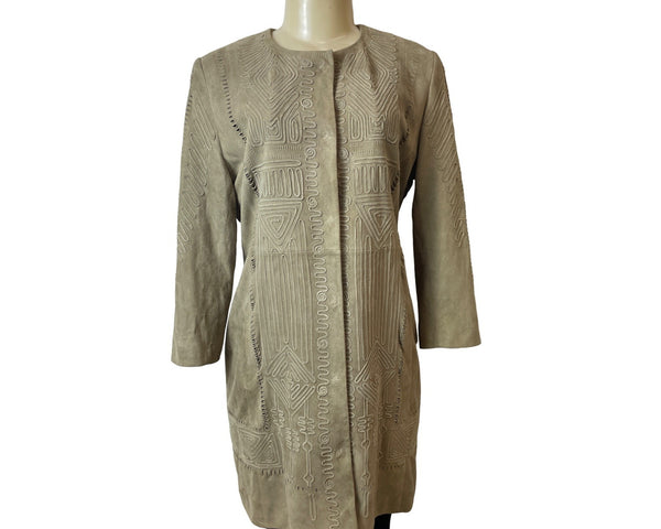 Elie Tahari Women's Brown Suede Leather Tribal Design Long Sleeve Coat Sz M
