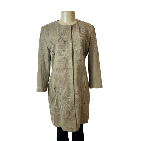 Elie Tahari Women's Brown Suede Leather Tribal Design Long Sleeve Coat Sz M