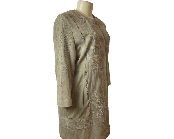Elie Tahari Women's Brown Suede Leather Tribal Design Long Sleeve Coat Sz M