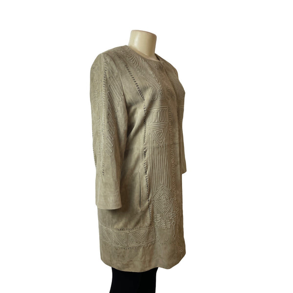 Elie Tahari Women's Brown Suede Leather Tribal Design Long Sleeve Coat Sz M