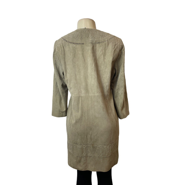Elie Tahari Women's Brown Suede Leather Tribal Design Long Sleeve Coat Sz M