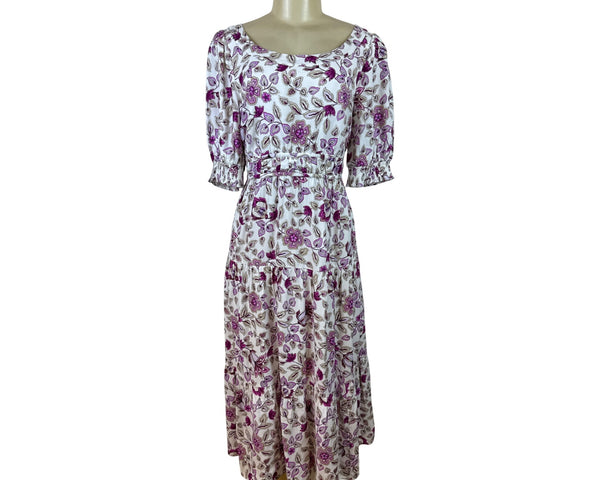 Ann Taylor Women’s Floral White & Purple Midi Dress With Puff Sleeves Sz 8 - New