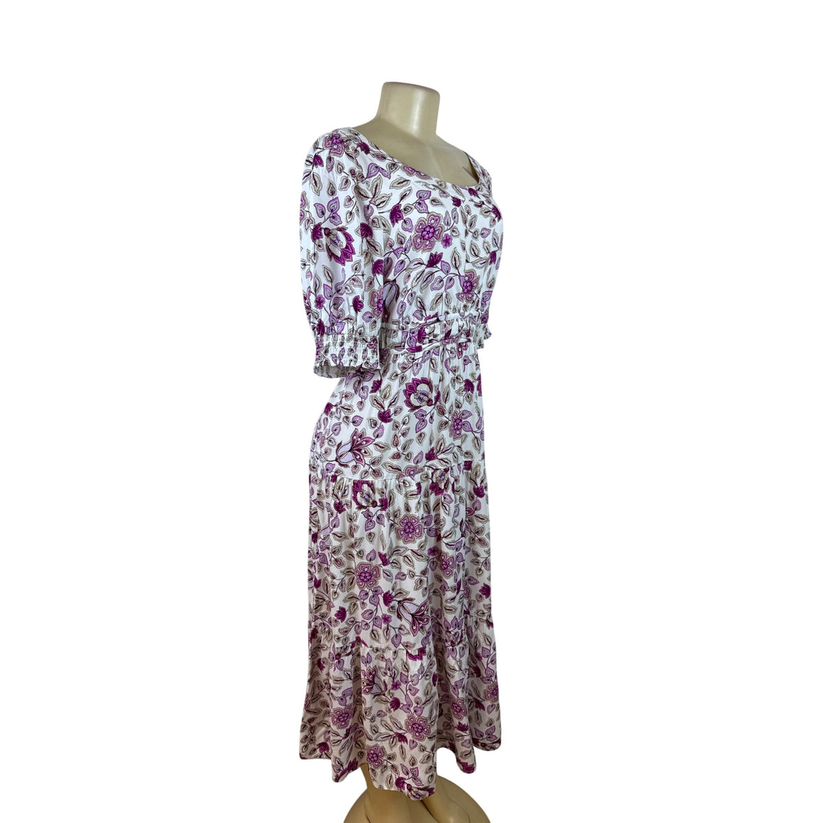 Ann Taylor Women’s Floral White & Purple Midi Dress With Puff Sleeves Sz 8 - New