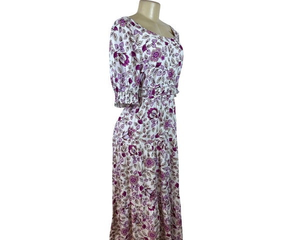 Ann Taylor Women’s Floral White & Purple Midi Dress With Puff Sleeves Sz 8 - New