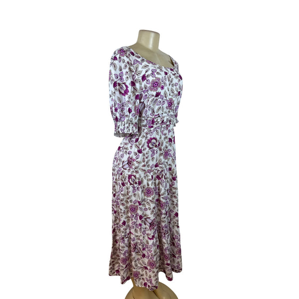 Ann Taylor Women’s Floral White & Purple Midi Dress With Puff Sleeves Sz 8 - New