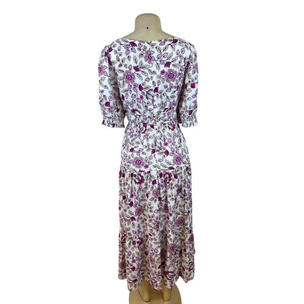 Ann Taylor Women’s Floral White & Purple Midi Dress With Puff Sleeves Sz 8 - New