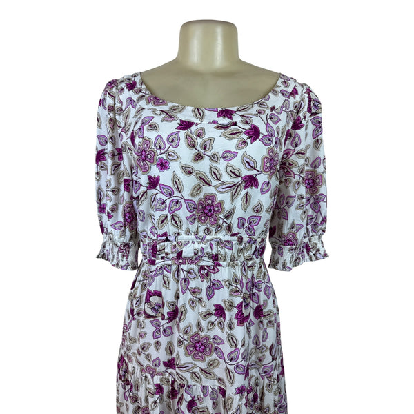 Ann Taylor Women’s Floral White & Purple Midi Dress With Puff Sleeves Sz 8 - New